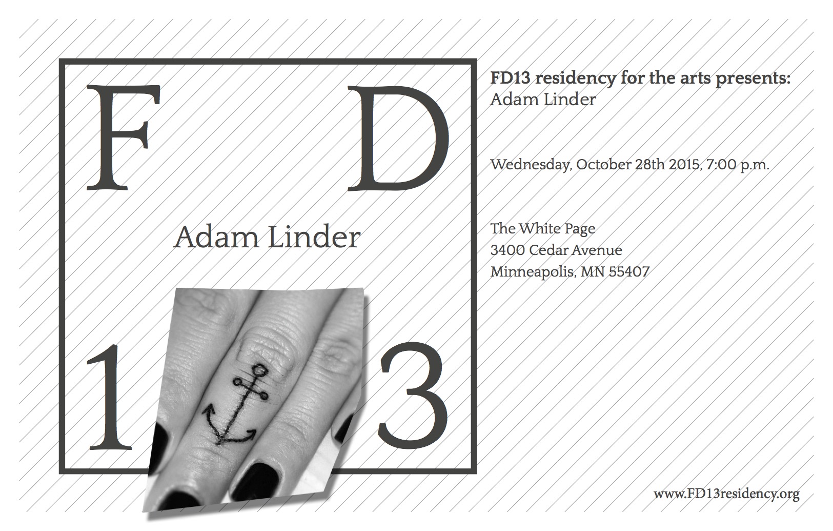 FD13 presents: Adam Linder. Wednesday, 28 October 2015, 7pm. The White Page.